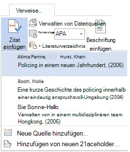 Das „Zitat einfügen“-Dropdown in Word listet alle erfassten Quellen auf
