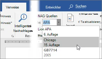 Formatvorlagen-Dropdown in Word mit den mitgelieferten Zitierstilen (APA, Chicago u. a.)