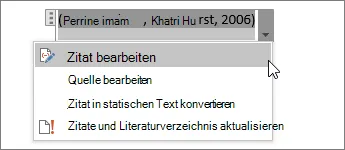 Kontextmenü eines Zitatfelds in Word mit „Zitat bearbeiten“ und „Quelle bearbeiten“