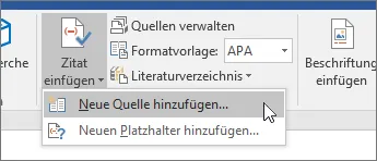 Word-Registerkarte „Verweise“: „Zitat einfügen“ öffnet das Menü mit „Neue Quelle hinzufügen…“