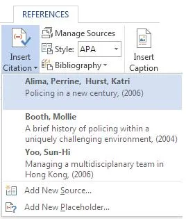 The "Insert Citation" dropdown in Word listing all recorded sources