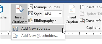 Word's References tab: "Insert Citation" opens the menu with "Add New Source…"