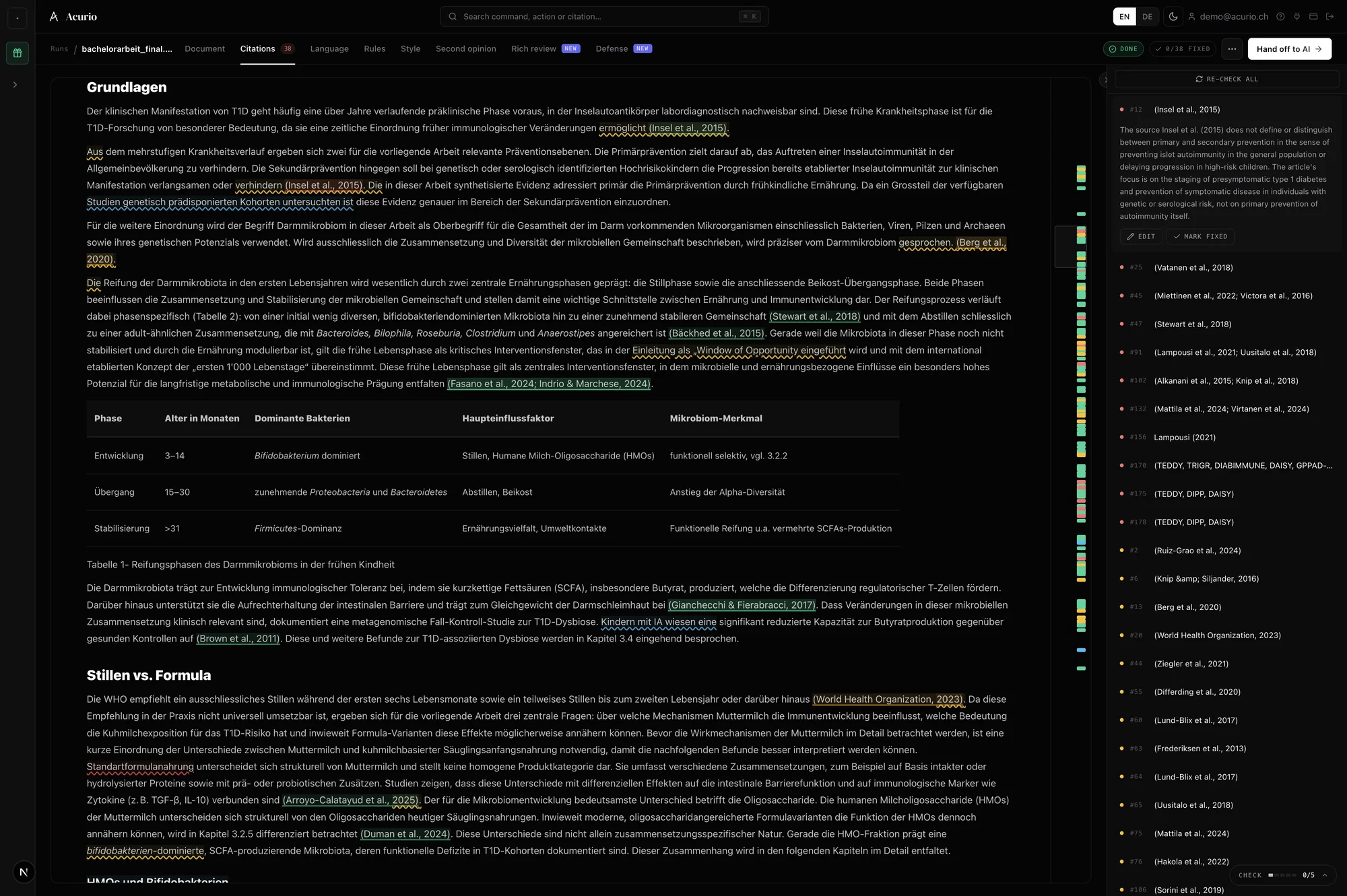 Acurio review view: thesis with color-coded citation verdicts and issue list